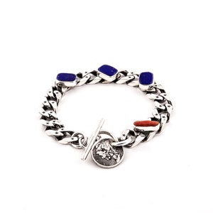 Sterling Silver Stars Gourmette with Lapis Lazuli  and Coral Cabochons by AJ357