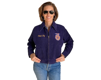 Vintage 80s Custom Chain Stitch FFA Blue Corduroy Jacket Centralia