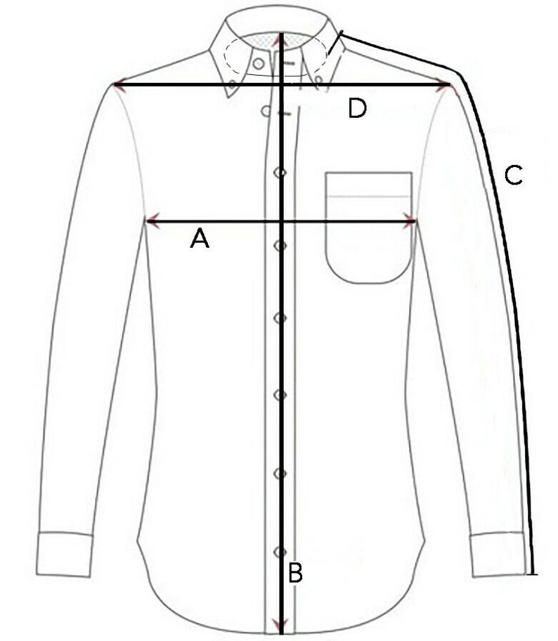 Op de afbeelding: Een witte button-down shirt met een zak, ge&iuml;llustreerd met zwarte lijnen die meetpunten aangeven. Het diagram toont metingen gemarkeerd met A, B, C en D, waarschijnlijk voor maatvoering. Het shirt heeft een klassieke kraag.