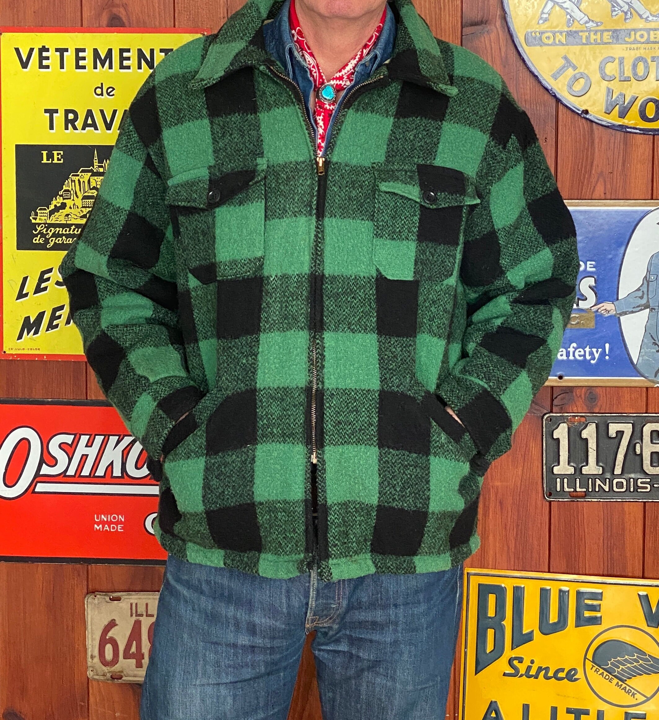 Green Black Buffalo Plaid Wool Jacket / 1950s-60s Talon Zip