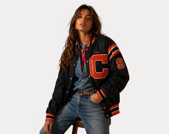 Vintage Schwarze Varsity Jacke / Akademischer Buchstabe C / 1990s Orange Schwarz Nylon / Größe Large