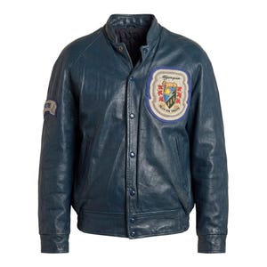Algonquin College Business Leather Jacket / 1980s Felem Non Tangete / Navy Blue / Size 42