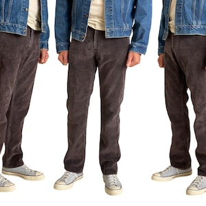 May include: Three men wearing brown corduroy pants and blue denim jackets. Each man is wearing a pair of light blue sneakers.