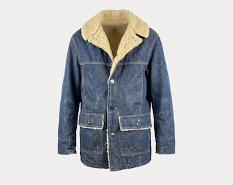 Montgomery Ward / Indigo Denim Sherpa Lined Barn Coat / 1970s Chore Jacket / Size M