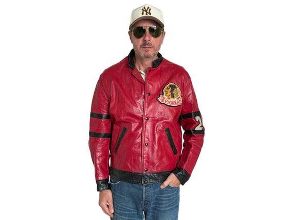 Sunbeam / Red Black Leather Varsity Bomber / Hockey Team Patch
