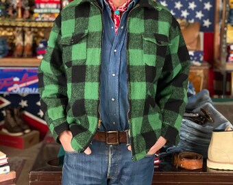 Green Black Buffalo Plaid Wool Jacket / 1950s-60s Talon Zip
