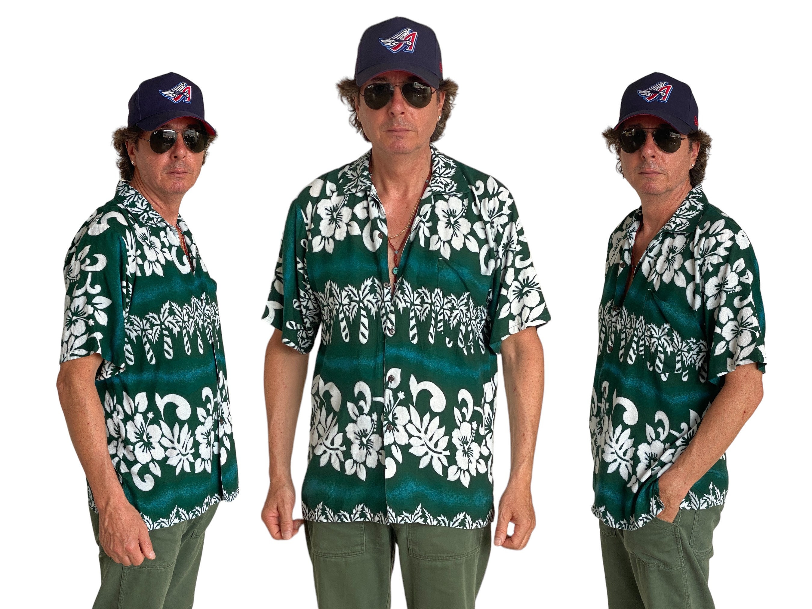 Chemise Hawaïenne Vintage Homme – Vert, Motif Floral, Manches Courtes, Taille L
