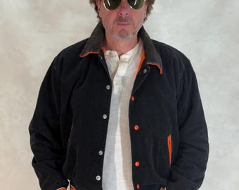 Vintage Black Corduroy Varsity Jacket Made in USA – 80s Collegiate