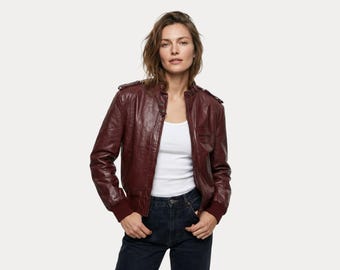 Vintage 80s Burgundy Leather Bomber Jacket / Oxblood / Men's Size 38 US / 48 EU / Classic Moto