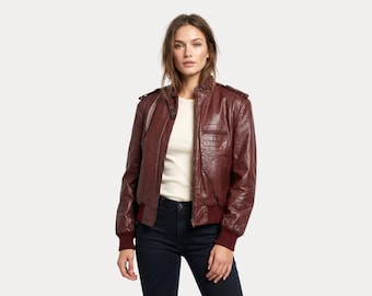 Vintage 80s Berman's Leather Bomber Jacket / Burgundy / Removable Lining / Women's Size 12