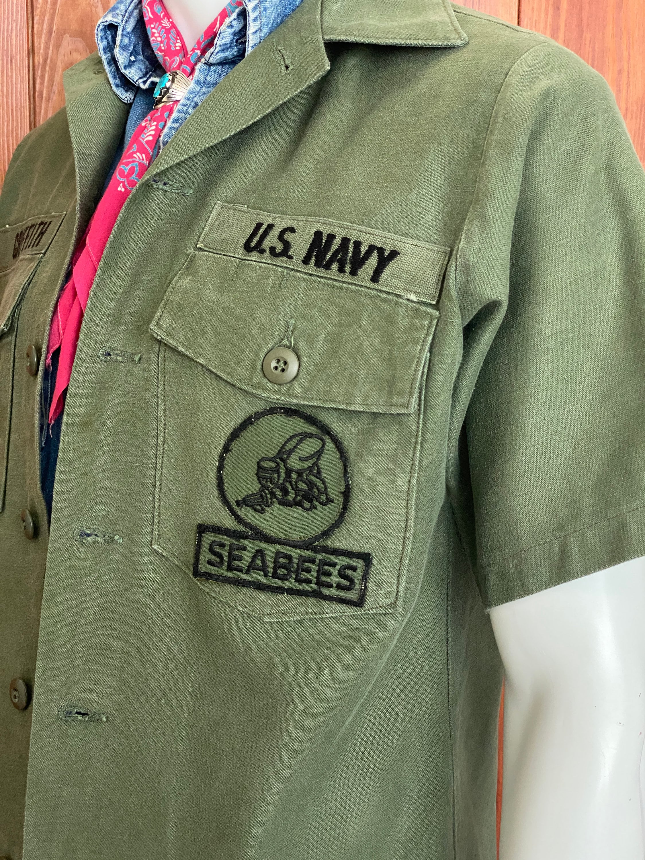 Authentic 70s Us Navy Seabees Og-107 Fatigue Shirt – Vietnam Era