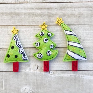 DIY Whimsical Christmas Trees Ornament Kit. Bright Green, Makes 3, Wool Felt Embroidery Pattern.