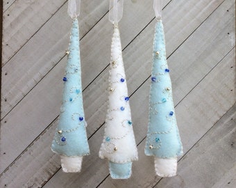 Christmas Tree Ornament Kit DIY, Makes 3 Alpine Blue Swirl Trees, Felt Embroidery Sewing Pattern, Wool Felt,  Hand Sewing Pattern Craft