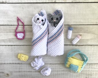 PDF Crochet Pattern, Special Delivery Newborn Kitten Set, Receiving Blanket, Diaper Bag, Bottle, Diaper, Tee Shirt + Bib