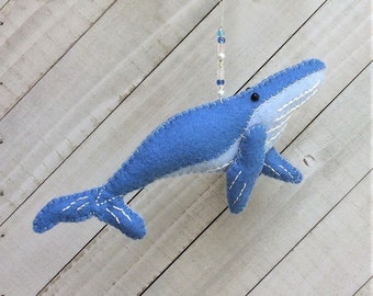 Christmas Ornament Kit DIY, Blue Whale, Felt Embroidery Sewing Pattern, Wool Felt, Bead,  Hand Sewing Pattern, Craft