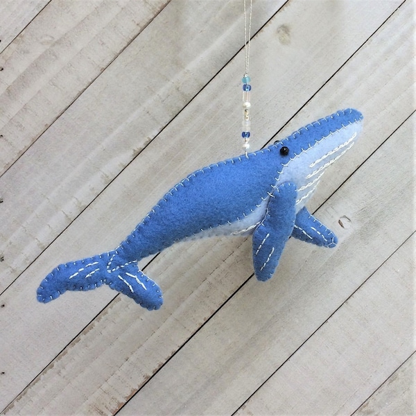 Christmas Ornament Kit DIY, Blue Whale, Felt Embroidery Sewing Pattern, Wool Felt, Bead,  Hand Sewing Pattern, Craft