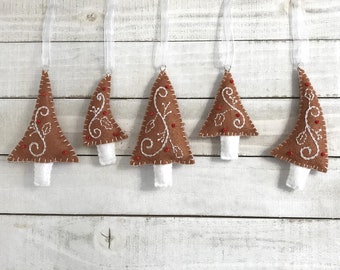 Christmas Ornament Kit DIY, Makes 5 Miniature Gingerbread Trees, Felt Embroidery Sewing Pattern