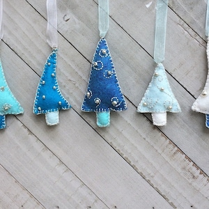 Christmas Ornament Kit DIY, Makes 5 Mini Trees Blue + Silver, Felt Embroidery Sewing Pattern