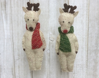 Christmas Ornament Kit DIY, Reindeer with Scarf,  Felt Embroidery Sewing Pattern, Wool Felt, Bead,  Hand Sewing Pattern, Craft