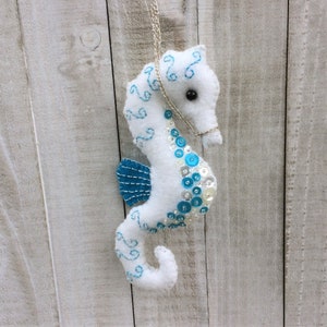 Christmas Ornament Kit,  Aqua Blue Seahorse, Felt Embroidery Sewing Pattern, DIY