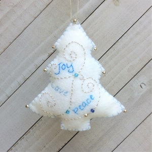 Christmas Tree  Ornament Kit DIY, Felt Embroidery Sewing Pattern, Wool Felt, Beads, Hand Sewing How To Craft, Joy, Love, Peace
