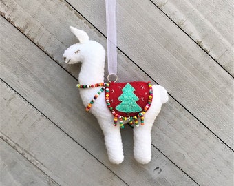 Christmas Ornament Kit,  Llama, Felt Embroidery, Two- Sided, Beaded,  Makes 1, DIY, Craft Pattern