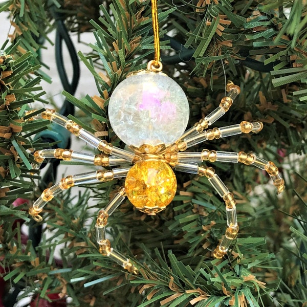 Makes 3, Legend of the  Christmas Spider Beading  Ornament Kit, Crackle Gold, DIY, Beading Kit.