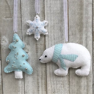 DIY, Christmas Ornament Kit, Polar Bear, Snowflake and Tree, Felt Embroidery, Christmas Sprinkles in Blue. Makes 3 Pieces