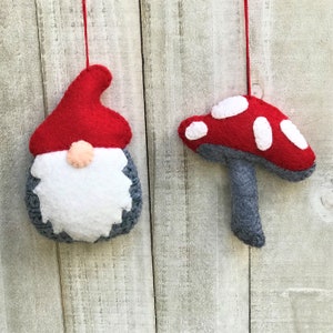 Gnome + Mushroom Christmas Ornament Felt Embroidery Craft Kit, Sewing Kit, DIY,