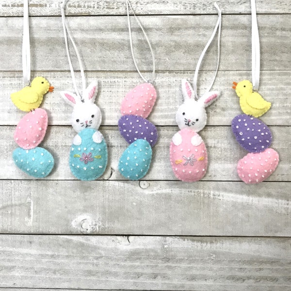 DIY Kit,  Mini Easter Ornaments Craft Kit, Makes 5, Wool Felt Embroidery Kit, Easter Eggs, Chick, Bunny