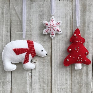 DIY, Christmas Ornament Kit, Christmas Sprinkles, Polar Bear, Snowflake and Tree Felt Embroidery, Makes 3 in Red