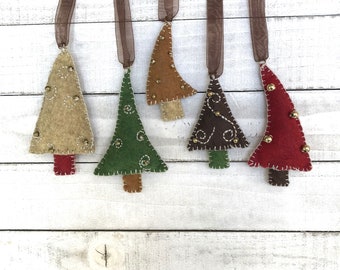 Christmas Ornament Kit  DIY, Makes 5 Mini Trees Gold Accents, Felt Embroidery Sewing Pattern