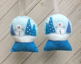 Snow Globe Felt Christmas Ornament Kit DIY, Felt Embroidery Sewing Pattern, Blue