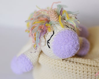 Sleeping crochet unicorn plush lavender snout