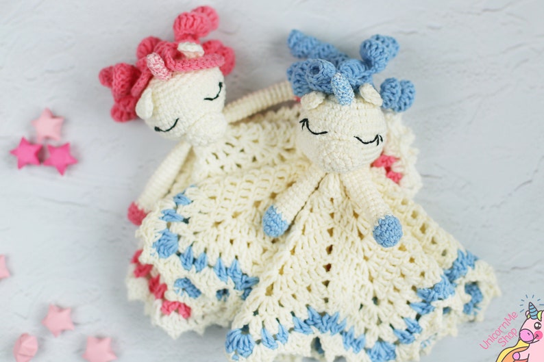 Set Of 2 Crochet Unicorn Loveys Comforters Baby Security Etsy