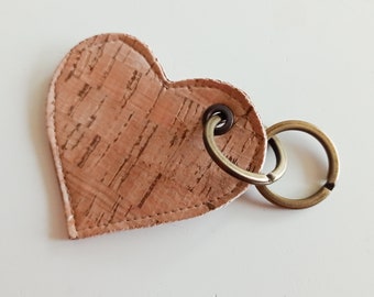 Key ring, heart shape, cork fabric, vegetable leather, double ring, eyelet, brass color