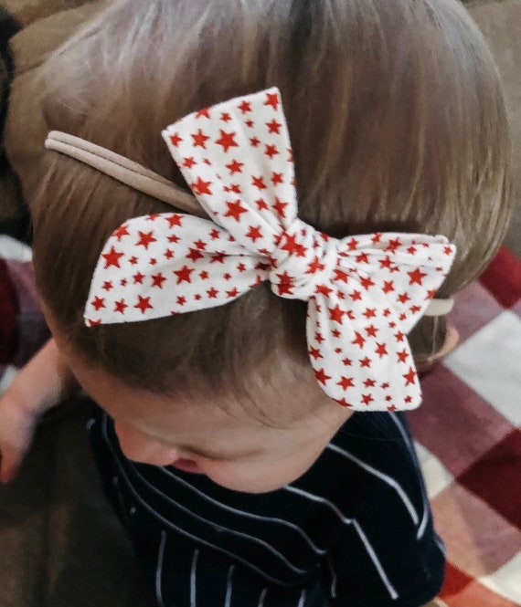 Red White Blue Star Print Newborn Headband Baby Girl Hair Fourth Of July Bow