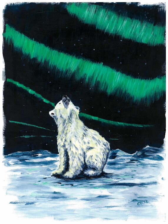 Polar bears and northern lights original watercolor painting Painting