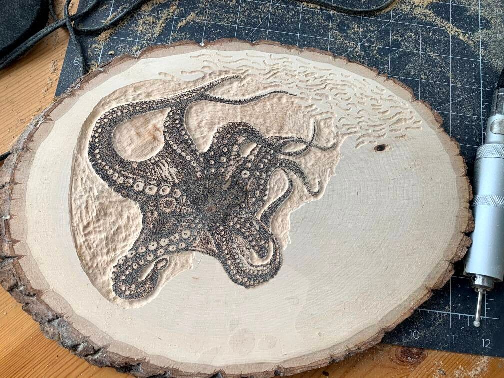 Octopus Pyrography Carving Wall Art - Etsy