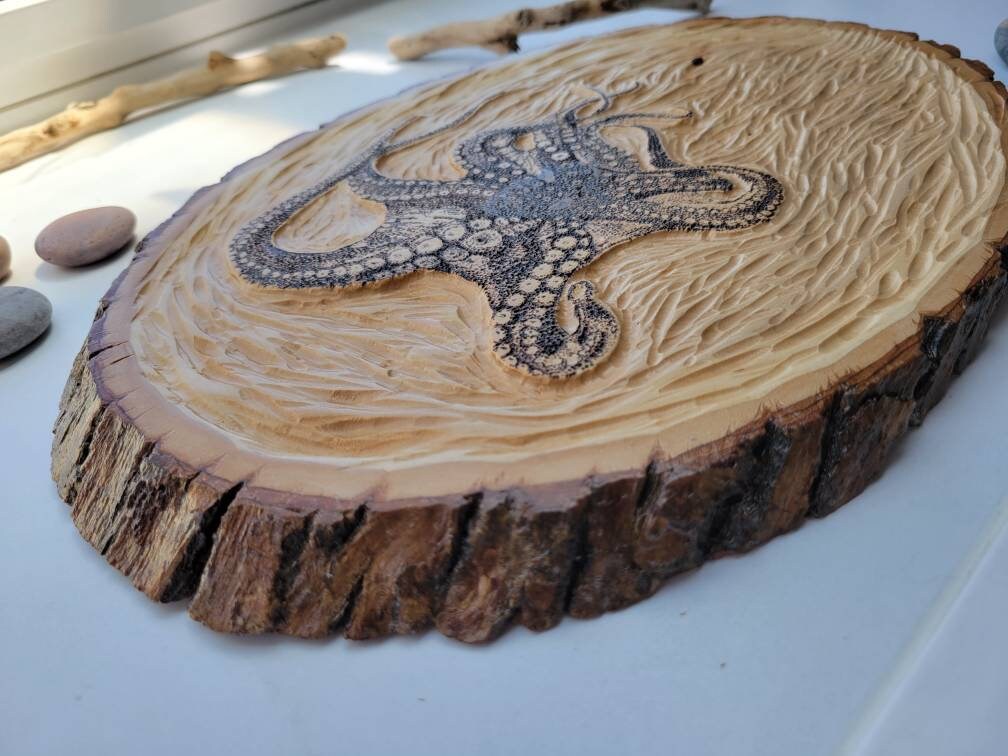 Octopus Pyrography Carving Wall Art - Etsy