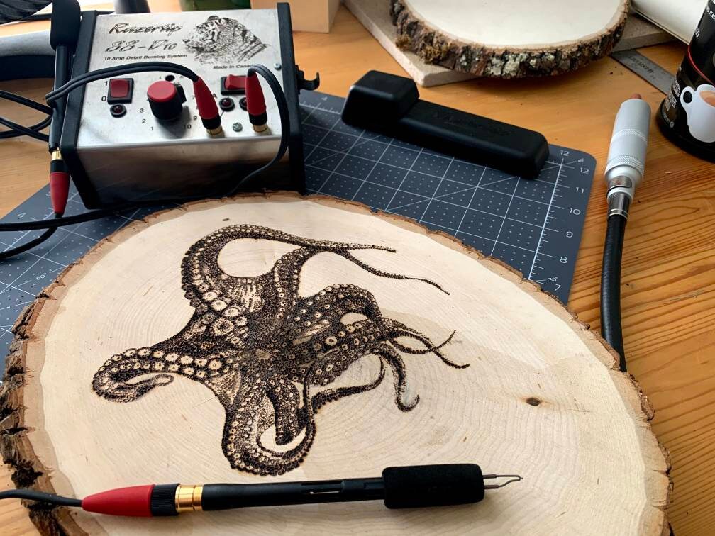 Octopus pyrography carving wall art | Etsy
