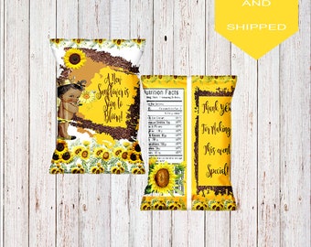 sunflowerfavor Bags-Brown and Yellow-Custom Chip Bags-Sunflower Baby Bag-Baby Shower Chip Bags-Kids Party Favors-Birthday bags-Printed