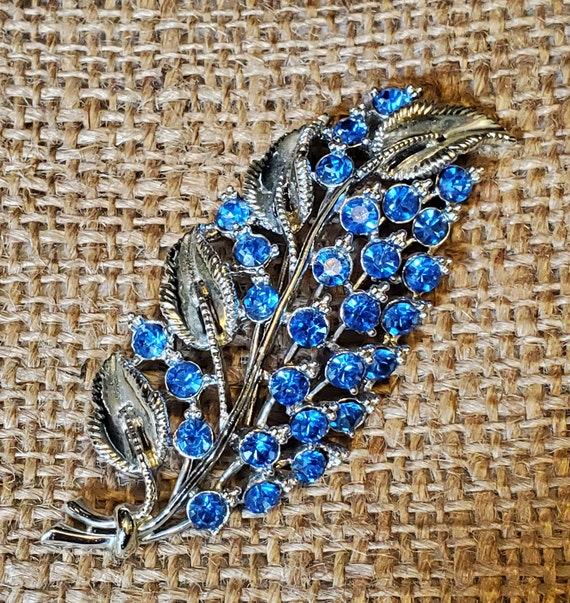 Vintage Silver and Sapphire Blue Leaf Brooch - image 1