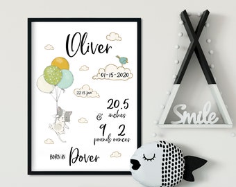 Printable birth stats wall art, Birth announcement, custom nursery decor, Digital Print, digital file personalized