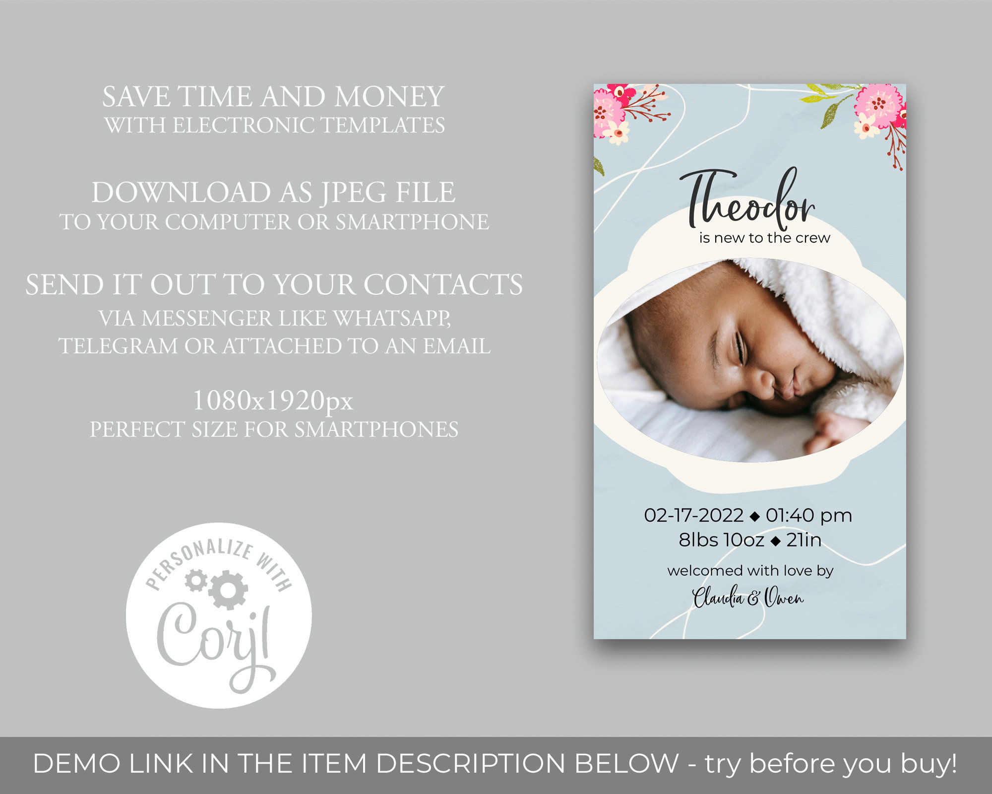 Editable Birth Announcement Ecard / Baby Has Arrived / Rainbow