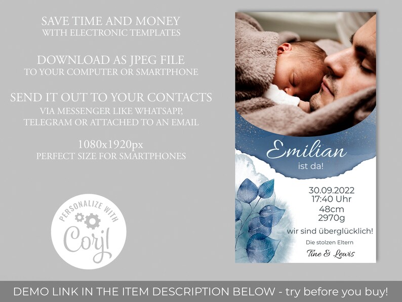 Editable Birth Announcement Ecard / Baby Has Arrived / Digital Greeting