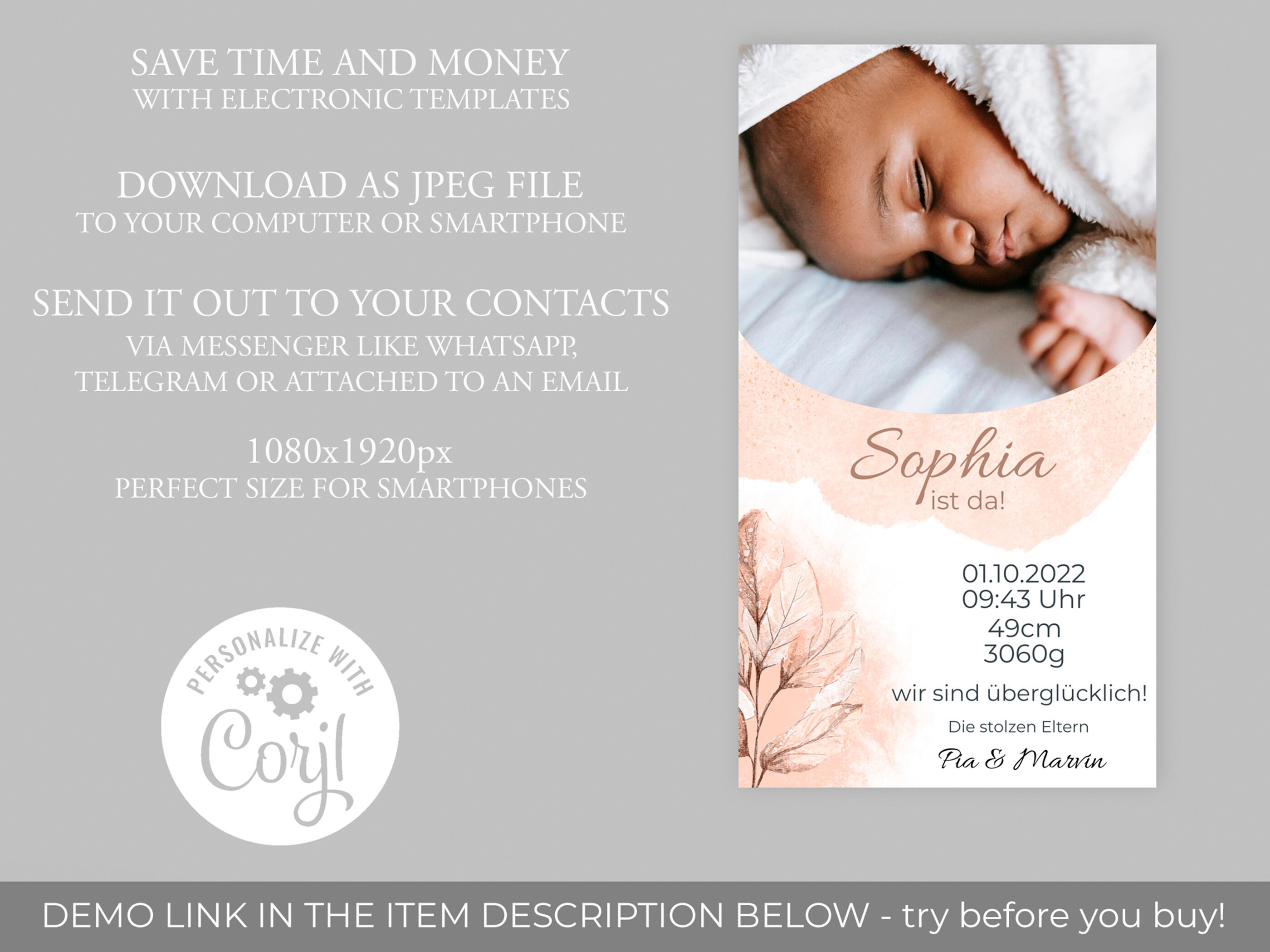 Editable Birth Announcement Ecard / Baby Has Arrived / Digital Greeting