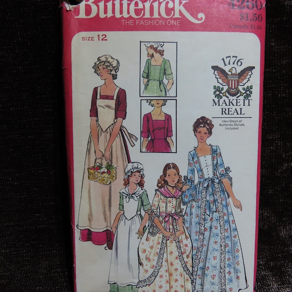 Misses' Outfits for Reenactment, Colonial, Living History Sewing Pattern Butterick 4261 size 12 UNCUT