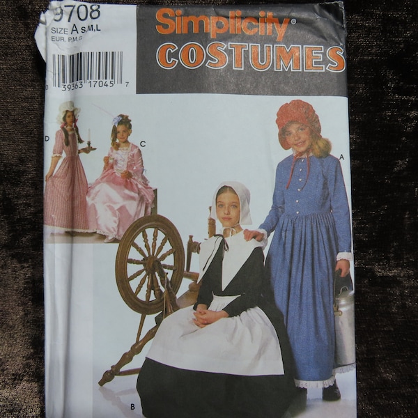 Girls' Costumes for Reenactment, Colonial, Southern Belle, Pioneer, Living History Sewing Pattern Simplicity 9708 size S-M-L UNCUT