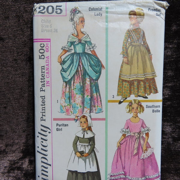 Girls' Outfits for Reenactment, Colonial, Southern Belle, Pioneer, Living History Sewing Pattern Simplicity 6205 size 6 UNCUT